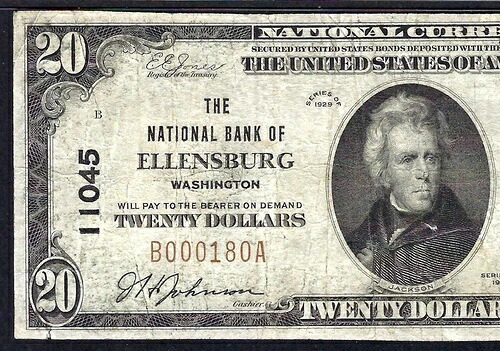 ???? WA 1929 $20 ??エレンズバーグ、ワシントン州?? PMG CH FINE 15 入手困難!!! 168,300円