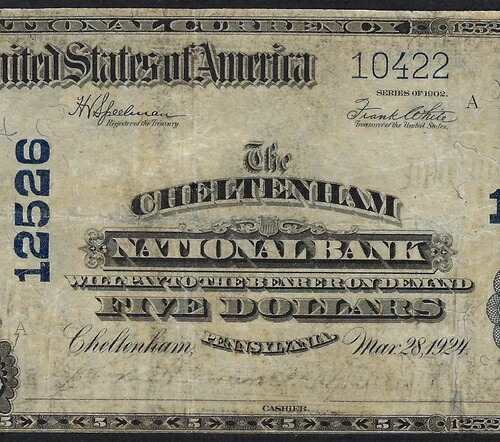 ???? PA 1902 $5 ?? チェルトナム、ペンシルバニア?? 入手困難!!!