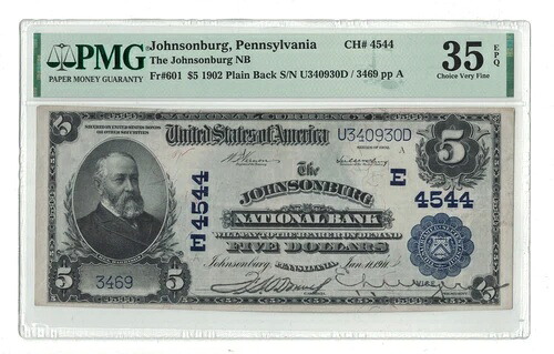 アメリカ (ペンシルベニア州ジョンソンバーグ) - 1902年 $5.00 国家通貨紙幣 (PMG 35 EPQ)-
