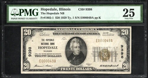 Fr 1802-1 1929 $10 ホープデール国立銀行 ホープデール イリノイ州 Ch# 9398