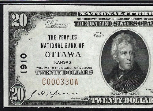 ????KS 1929 $20 ?オタワ、カンザス州? THE PEOPLES NB PCGS CHOICE XF 45 PPQ 最も有名!