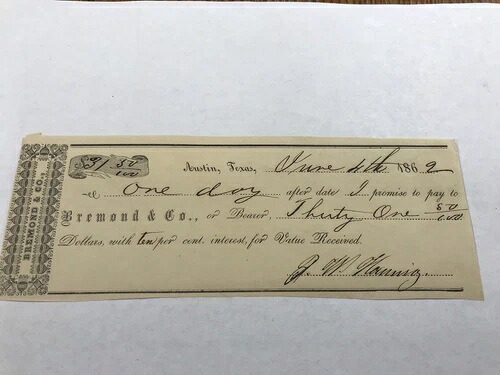 A&O-1862 テキサス州オースティン 商人 John Bremond &Co.約束手形/令状/証書??