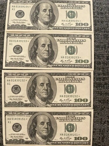 4連続$100スターノートHA 01839151*からHA 01839154*シリーズ2006 178,200円