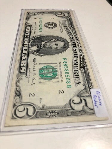 1988 $5 《バイナリ レーダー番号 88588588 発行我?完再播》連邦準備銀行メモ、希少！