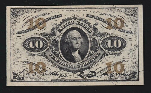 米国10セント分数紙幣 第3回発行 デザイン「1」 FR 1256 Ch CU