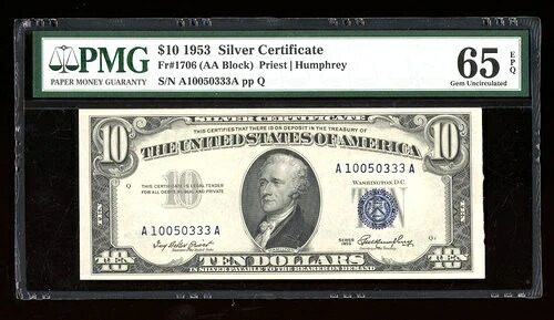 DBR 1953 $10 シルバー ジェム Fr. 1706 PMG 65 EPQ シリアル A10050333A