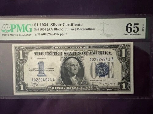 DBR 1934 $1 シルバー ファニーバック Fr. 1606 AA ブロック ジェム PMG 65 EPQ S/N A02624943A