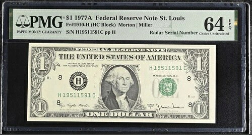 1977A $1 FRN セントルイス ? PMG 64 EPQ ? RADAR シリアル番号 ファンシー H19511591C ? 状態良好 69,575円