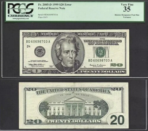 $20 1999 FRN 彫刻エラー 地区指定フォントの差異 PCGS VF 35