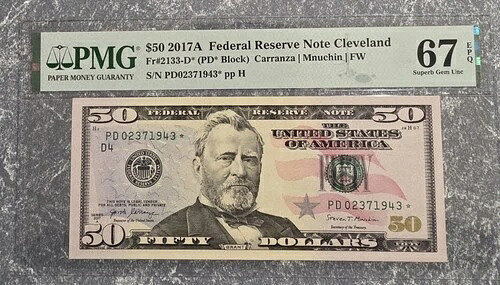 2017A FR#2133-D* フェデラル・リザーブ・スター* クリーブランド PMG 67EPQ SUPERB GEM UNC