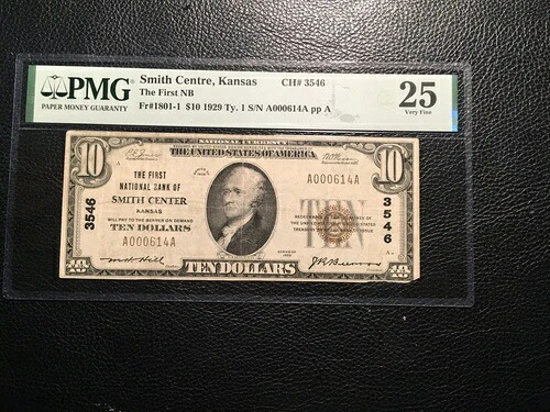 10.00 国立銀行券 1929年 スミスセンター カンザス州 PMg 25 角欠け 29 小
