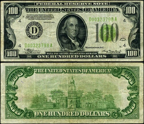FR. 2152 D $100 1934 連邦準備銀行 クリーブランド D00323798A LGS VF - 最終シリアル番号