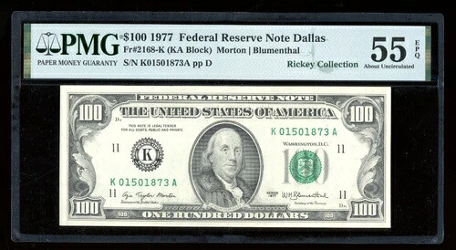DBR 1977 $100 FRN ダラス Fr. 2168-K PMG 55 EPQ シリアル K01501873A 69,575円