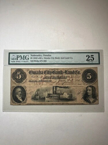 オマハ City Bank And Land Co. ネブラスカ $5 1850年代 - 60年代 S/N 366 ベリーファイン 25-