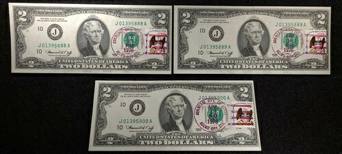 1976 $2 3紙幣、初日、エラー、キャンセル、コロラド州コマースシティ、アダムズシティ駅