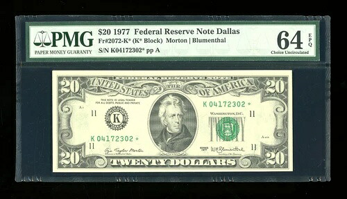 DBR 1977 $20 FRN ダラス STAR Fr. 2072-K* PMG 64 EPQ シリアル K04172302*
