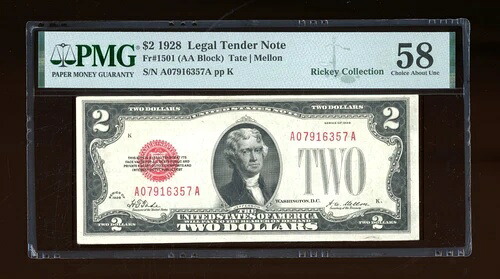 DBR 1928 $2 リーガル Fr. 1501 PMG 58 シリアル A07916357A 70,180円