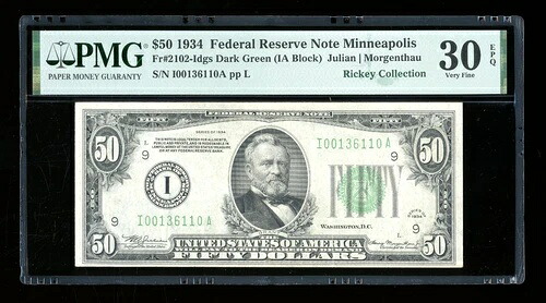 DBR 1934 $50 DGS FRN ミネアポリス Fr. 2102-Idgs PMG 30 EPQ シリアル I00136110A