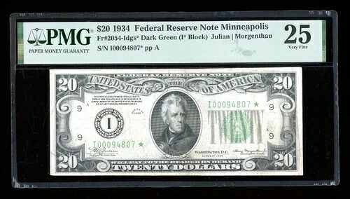 DBR 1934 $20 FRN DGS STAR ミネアポリス Fr. 2054-Idgs* PMG 25 シリアル I00094807*