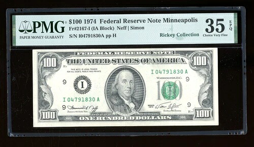 DBR 1974 $100 FRN ミネアポリス Fr. 2167-I PMG 35 EPQ シリアル I04791830A