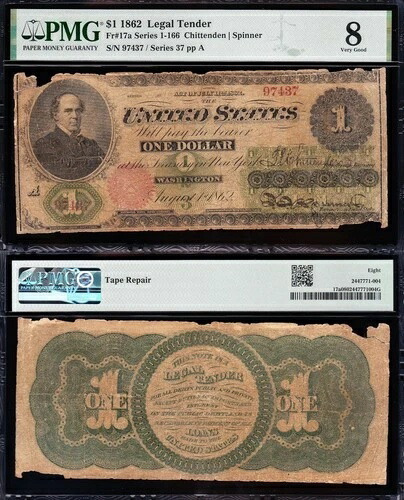 希少VGグレード 1862年製 $1「グリーンバック」米国法定紙幣！PMG 8！97437