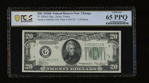 DBR 1934-B $20 FRN シカゴ・ヴィンソン・ジェム Fr. 2056-G PCGS-B 65 PPQ シリアル G06636133B 71,390円