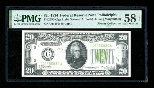 DBR 1934 $20 LGS FRN フィラデルフィア Fr. 2054-Clgs PMG 58 EPQ シリアル C01496580A