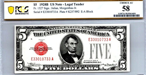 1928-B 法定通貨 $5 「FANCY SERIAL E33010733AA」 PCGS 58 CHOICE AU Fr. 1527