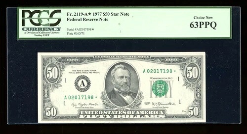 DBR 1977 $50 FRN ボストン スター神父2119-A* PCGS 63 PPQ シリアル A02017198*