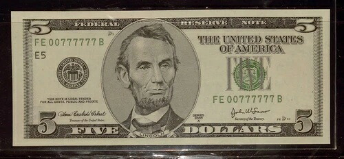 バイナリ 007 スペシャル シリアル番号 | FE00777777B、2003A $5 FRN UNC