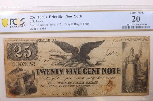 1854年 25セント、エリービル、ニューヨーク、ドティ＆バーゲン。廃番紙幣。店舗番号GNY017。