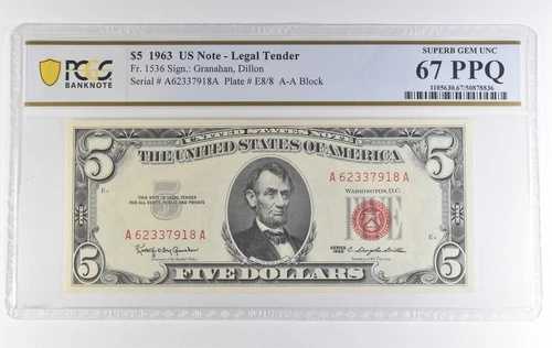 1963年 5ドル米国法定通貨 Fr#1536 極美品 未使用 67 PPQ PCGS *3895｜WORLD RESOURCE【QUEEN店】