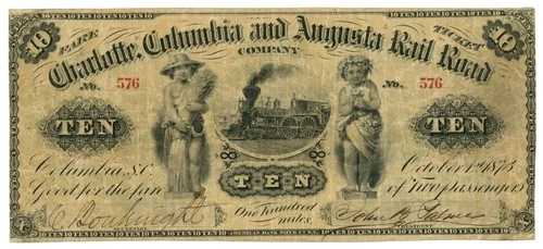 1873年 シャーロット・コロンビア・アンド・オーガスタ鉄道会社 10ドル SC (L6111)｜WORLD RESOURCE【QUEEN店】