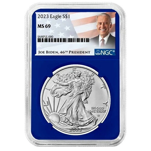 2023年 1ドル 1オンス アメリカンシルバーイーグル NGC MS69 バイデンラベル ブルーコア