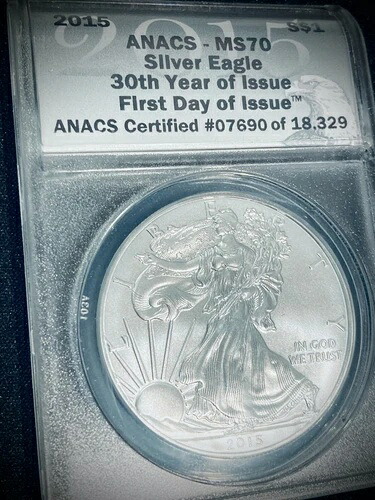 2015 シルバーイーグル ANACS MS 70 BU $1 シルバーイーグル 30周年 - 発行初日