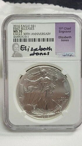 2016年 ASE シルバーイーグルドル NGC MS70 エリザベス・ジョーンズ スポット No.2
