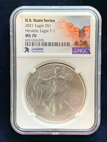 アメリカン・シルバー・イーグル NGC 2021 T-1 UNC $1 MS-70 7K サウスダコタ
