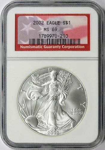 2002年 シルバー アメリカンイーグル $1 NGC MS69 アメリカ国旗ラベル