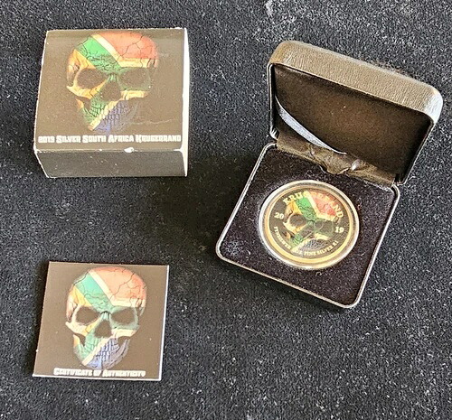 2019 1オンス .999 カラー化 南アフリカ国旗 スカル シルバー クルーガーランド ボックス & COA