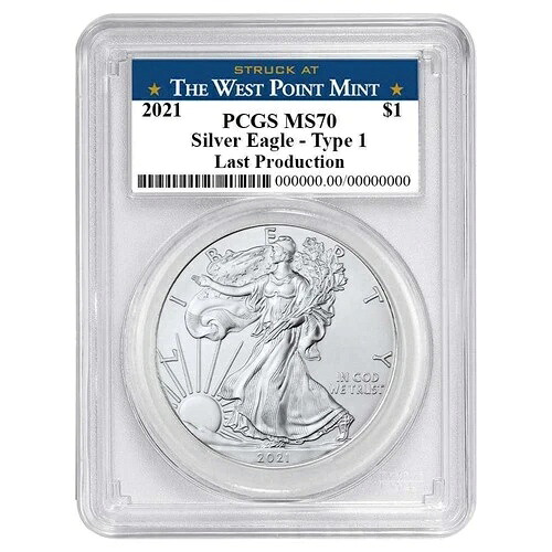 2021年 1ドル タイプ1 アメリカン シルバー イーグル PCGS MS70 最終生産 ウェストポイント ラベル
