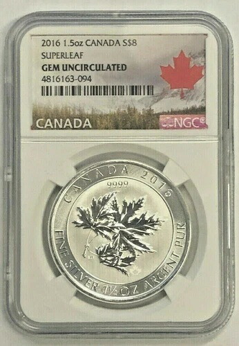 2016年 銀貨 8ドル カナダ産メープルリーフ 1.5オンス BU NGC スーパーリーフ