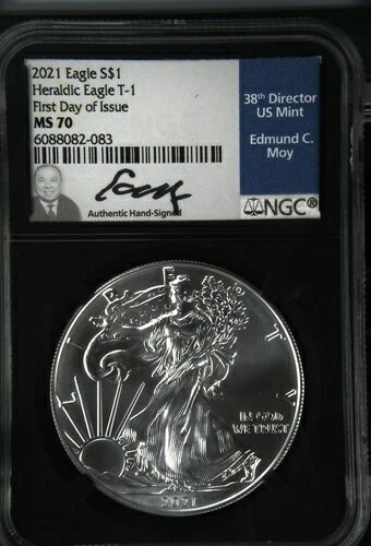 2021年アメリカン・シルバー・イーグル NGC MS-70 紋章付きイーグル T-1 発行初日