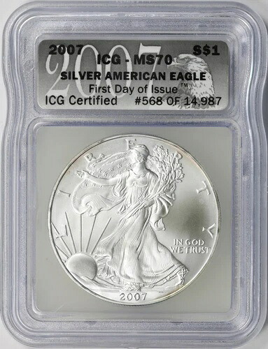 2007年 1ドル アメリカン シルバー イーグル ICG MS70 発行初日