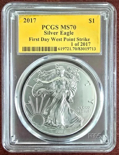 2017年 シルバーイーグル、初日、ウェストポイント・ストライク1、2017年、PCGS MS70