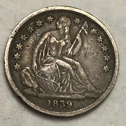 1839-O 自由の女神像（座像）銀貨（アメリカ）10セント硬貨。VF-XF、若干の