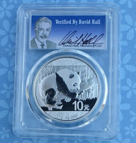 2016年 PCGS MS 70 中国パンダ 30g .999 シルバー 10元、デビッド・ホール直筆ラベル
