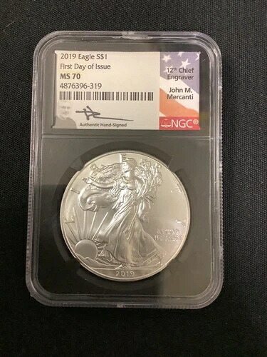 2019-W 1 オンス シルバー イーグル NGC MS70 FDOI Mercanti *** レア MERCANTI サイン入りラベル ***