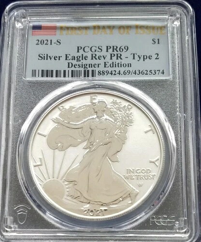 2021-S ASE タイプ2 | PCGS PR69 DCAM | .999 ASE 1オンス | プルーフ FDI、フラッグデザイナー