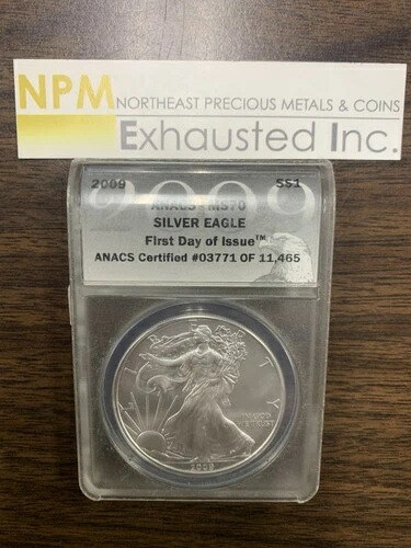 2009年アメリカン・シルバー・イーグル ANACS MS70認定。発行初日のコイン
