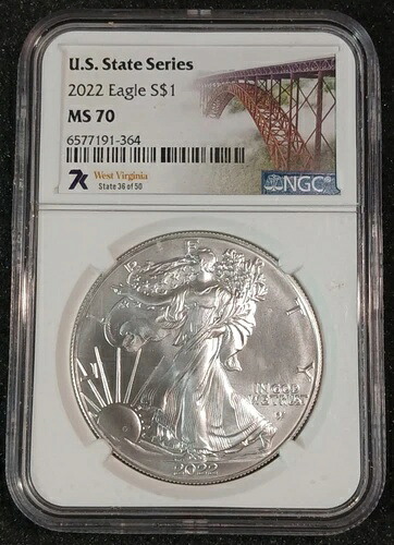 2022年 アメリカン・シルバー・イーグル 1ドルコイン ? NGC MS70 ? 米国州ラベル ウェストバージニア州